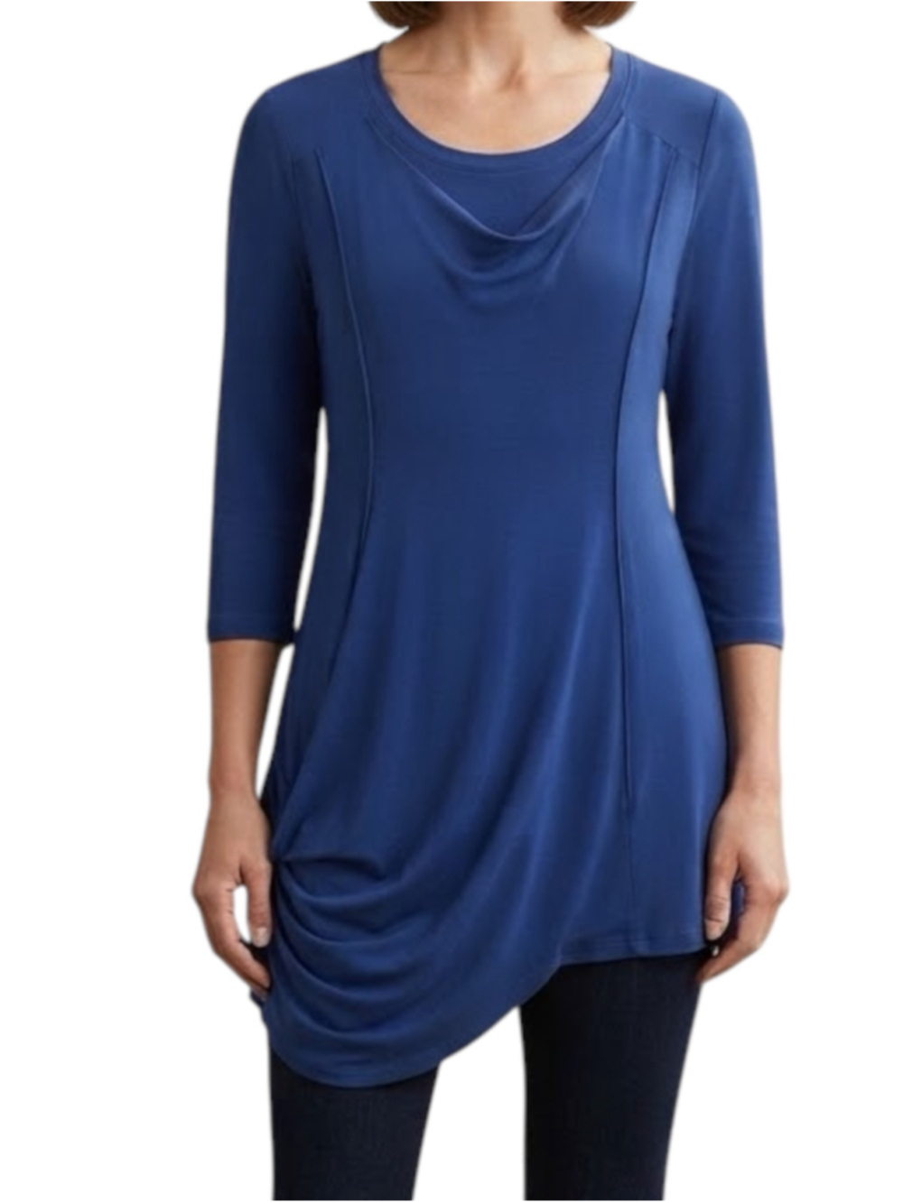 Sympli Signature Stretch 3/4 Tunic Top Blue Size 6 Draped Neck Asymmetrical